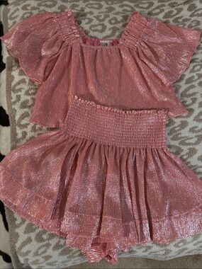 QUEEN OF SPARKLES Metallic Rose champagne  Pink Two-Piece Skirt Set